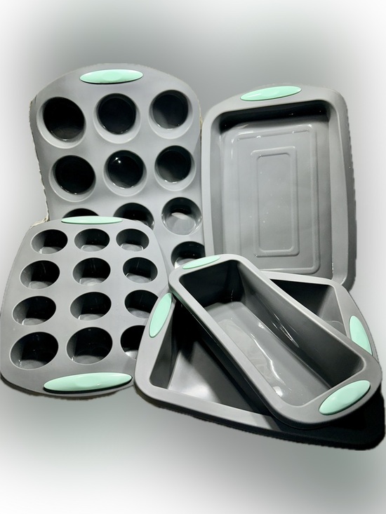 Other - 5 Piece Silicone Bakeware Set Grey Mint Muffin Pan Loaf Sheet Square Baking